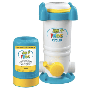 A blue and yellow Pool FROG Model 6100 Cycler and Pool FROG Model 6100 Mineral Reservoir, All-in-One Sanitizing System with FROG Minerals for Pools up to 25,000 gallons water bottle with a blue lid.